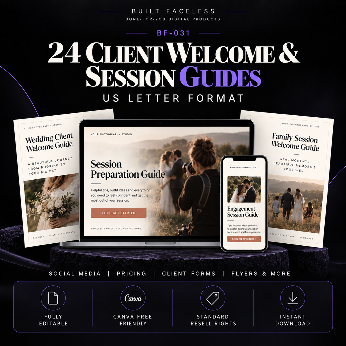 24 editable US Letter client welcome and session guide templates for photographers including preparation guides, session information and client experience resources