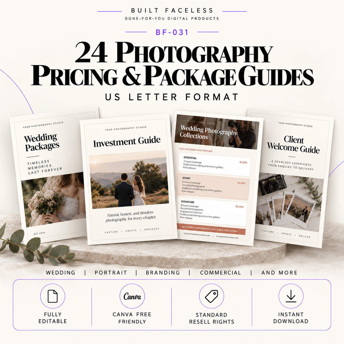 24 editable US Letter photography pricing and package guide Canva templates for wedding, portrait, branding, commercial and other photography services