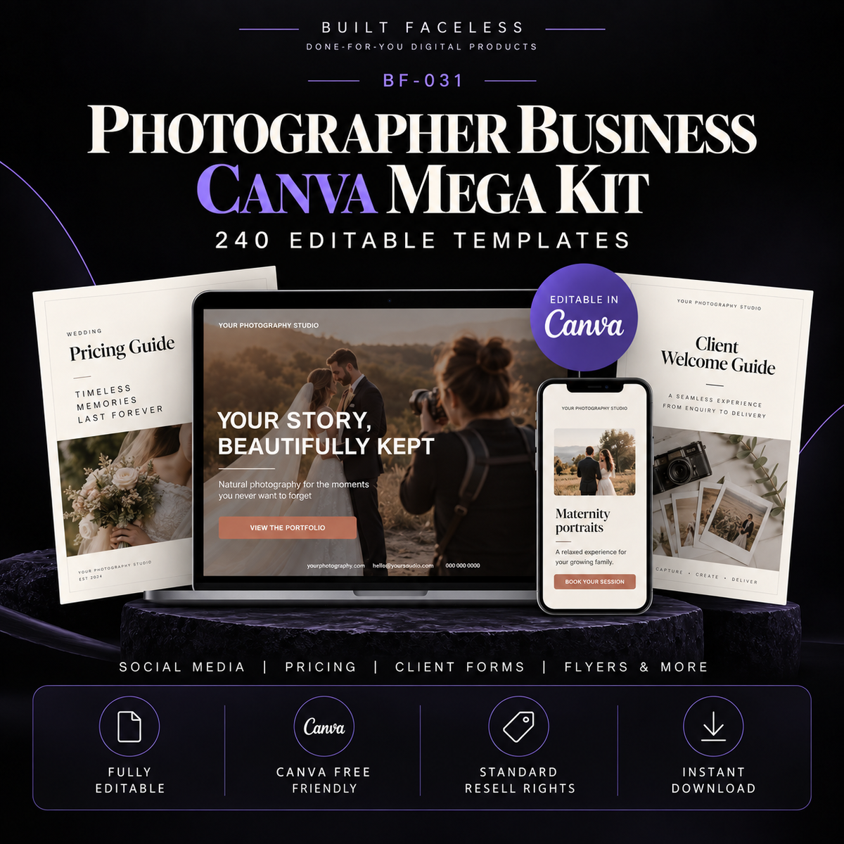Photographer Business Canva Mega Kit with 240 editable templates across 8 Canva collections including social media, pricing guides, client forms, photography guides, promotional materials and Standard Resell Rights