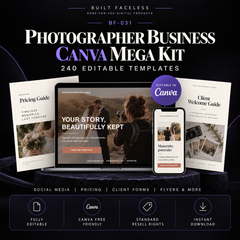 Photographer Business Canva Mega Kit with 240 editable templates across 8 Canva collections including social media, pricing guides, client forms, photography guides, promotional materials and Standard Resell Rights