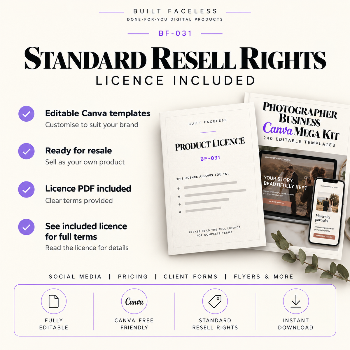Photographer Business Canva Mega Kit with Standard Resell Rights to customise, rebrand, sell unlimited finished designs and create customer-safe Canva template links
