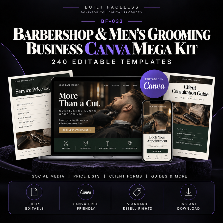 Barbershop and men’s grooming business Canva mega kit with 240 editable templates, shown in a premium mockup with laptop, phone and print materials.