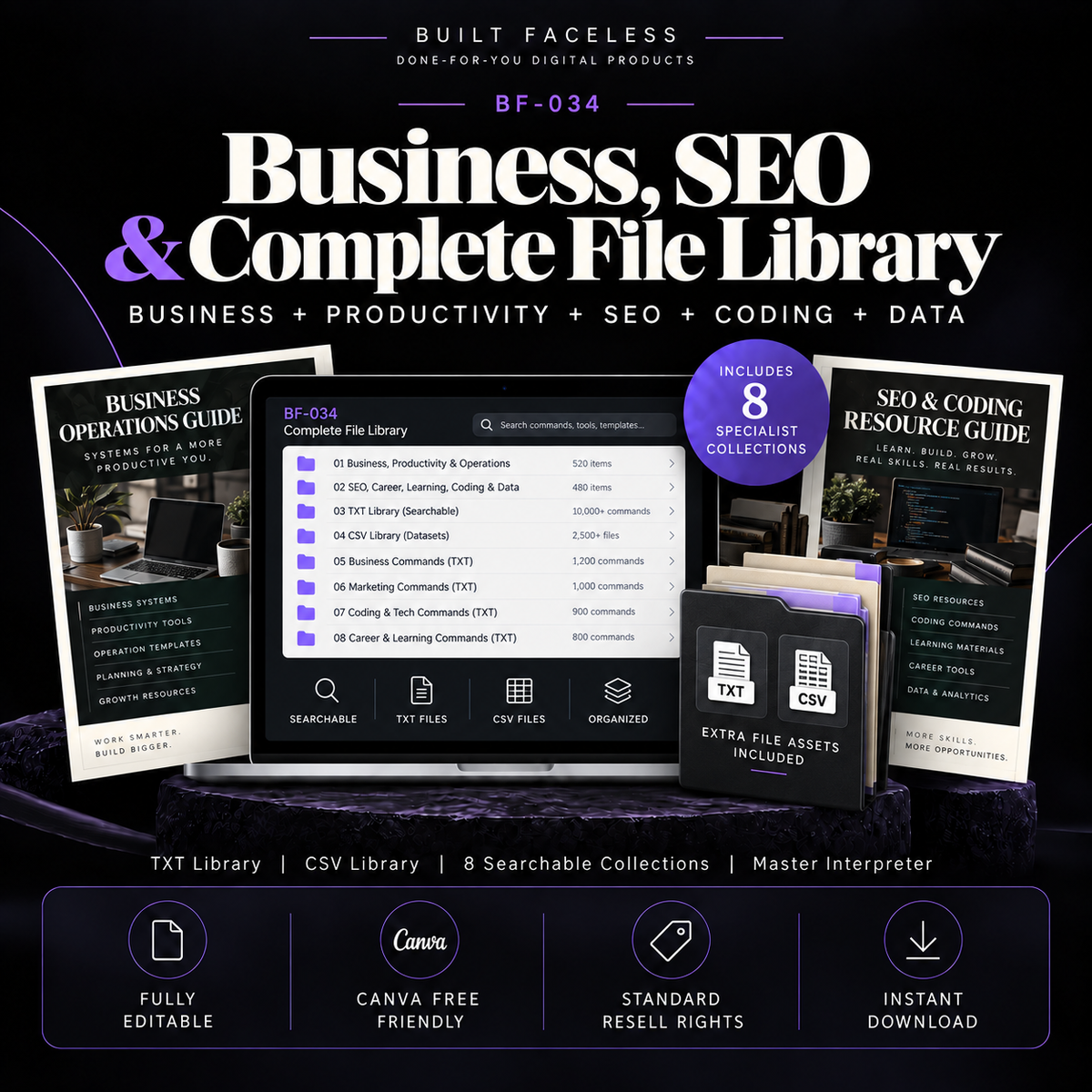 Business, productivity, SEO, career, learning, coding and data commands with searchable TXT and CSV libraries included in the complete BF-034 file system.