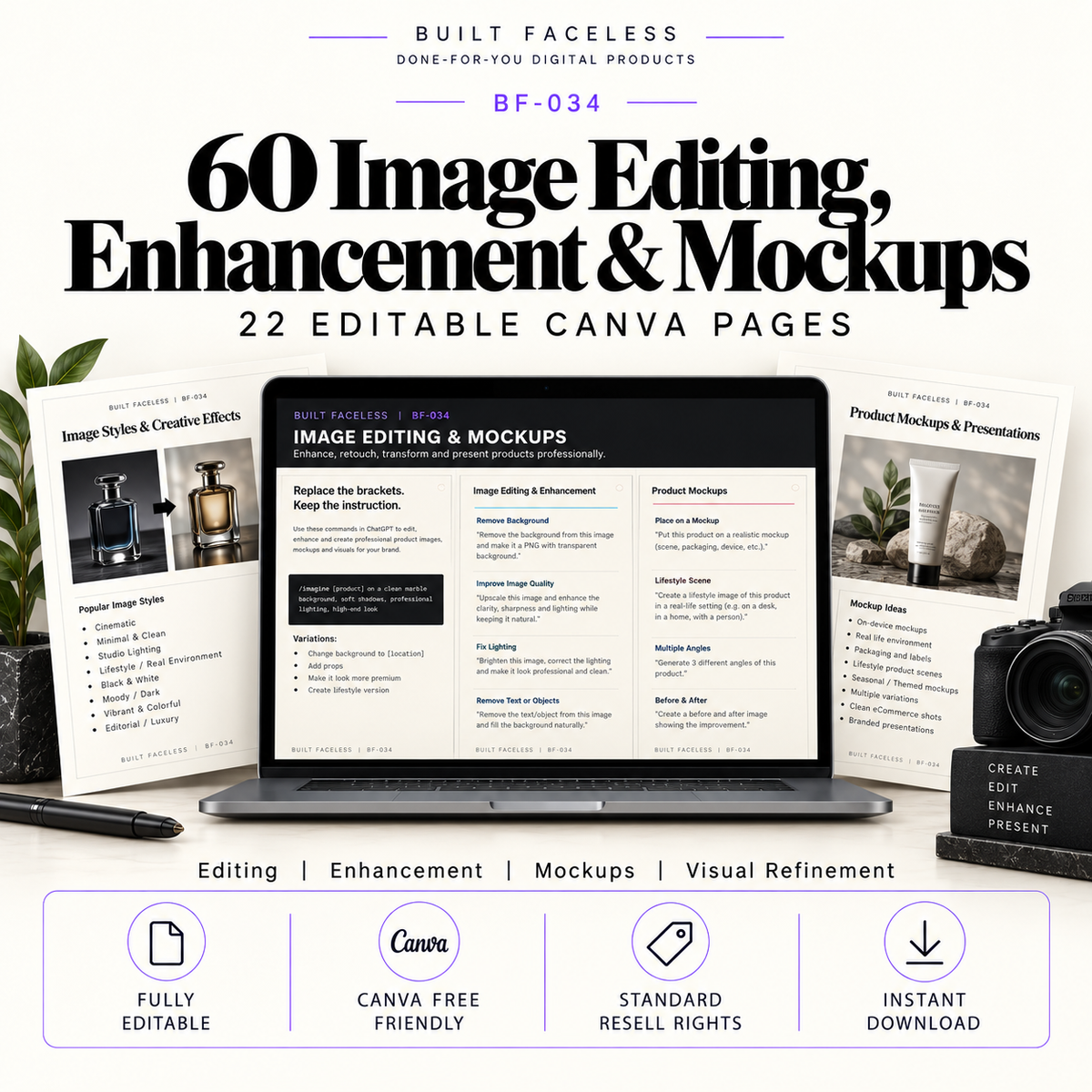 60 image editing, enhancement and mockup commands across 22 editable Canva pages for editing, visual refinement, product mockups and image enhancement.
