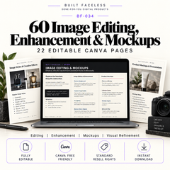 60 image editing, enhancement and mockup commands across 22 editable Canva pages for editing, visual refinement, product mockups and image enhancement.