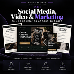 Social media, video, content, marketing, advertising and sales command collections with 130 AI prompts across 48 editable Canva pages.