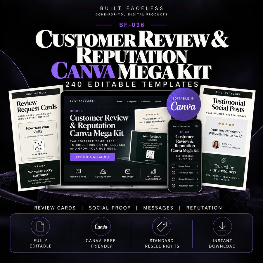 Customer Review and Reputation Canva Mega Kit with 240 editable templates for review requests, social proof, customer messages and reputation management.