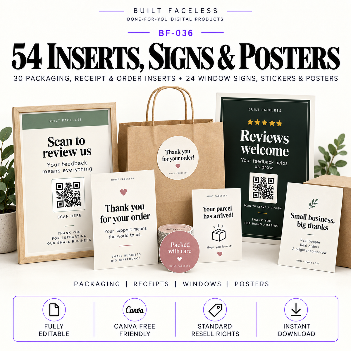 54 editable Canva templates including packaging, receipt and order inserts plus window signs, stickers and promotional posters for customer reviews.