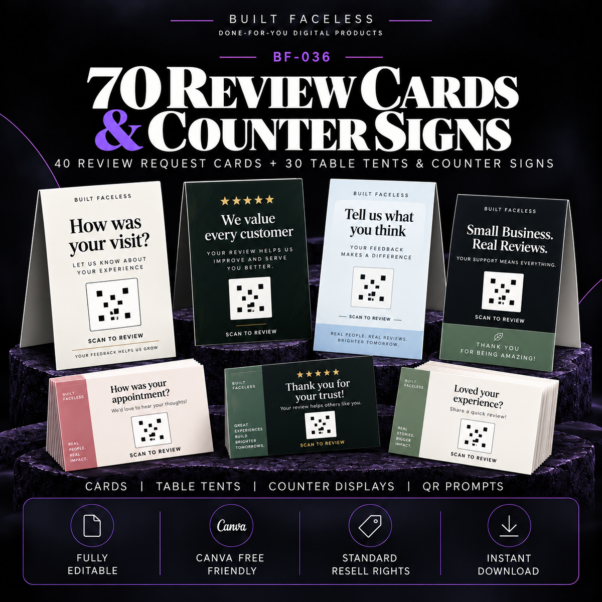 70 editable Canva templates including 40 review request cards and 30 table tents and counter signs for customer feedback and QR review prompts.