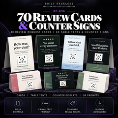 70 editable Canva templates including 40 review request cards and 30 table tents and counter signs for customer feedback and QR review prompts.