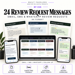 24 editable A4 review request templates for email, SMS and WhatsApp follow-up messages and customer feedback requests.