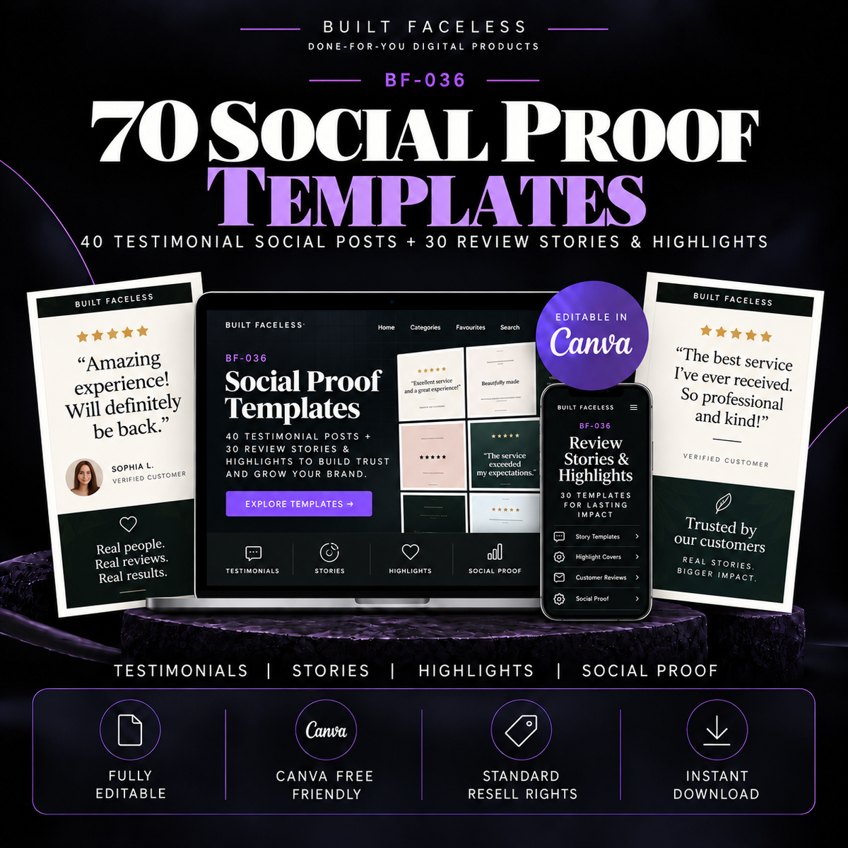 70 editable social proof Canva templates including 40 testimonial social posts and 30 review Stories and Highlights for displaying customer feedback.