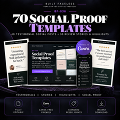 70 editable social proof Canva templates including 40 testimonial social posts and 30 review Stories and Highlights for displaying customer feedback.