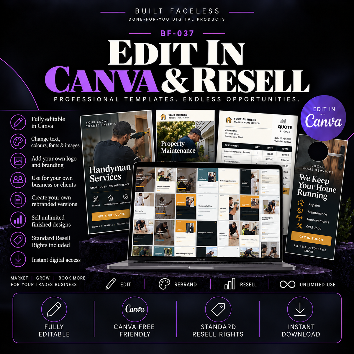 BF-037 editable Canva business templates showing customisation, rebranding and resale options for trades and home-service businesses.
