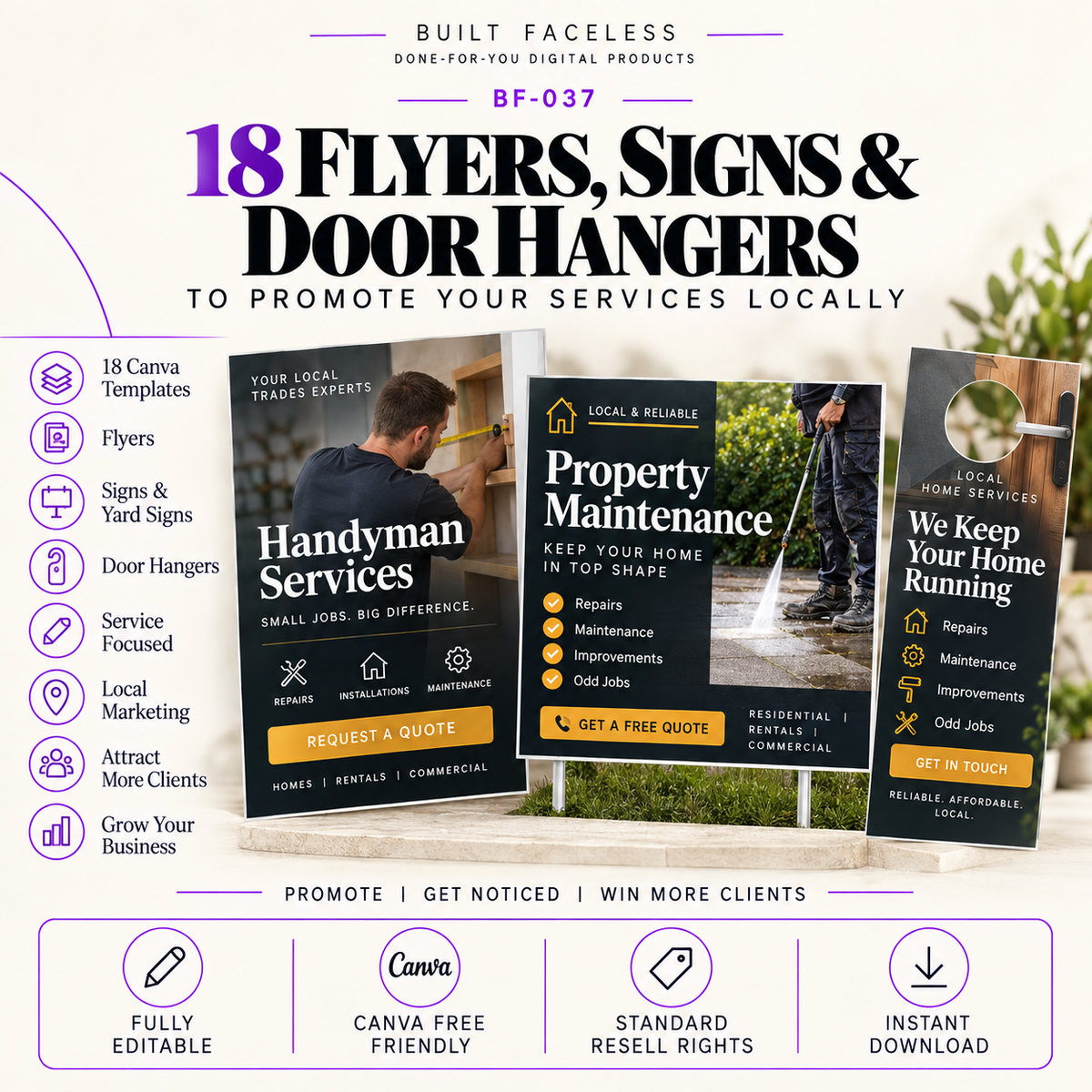 18 editable Canva flyers, signs and door hanger templates for promoting trades and home-service businesses locally.