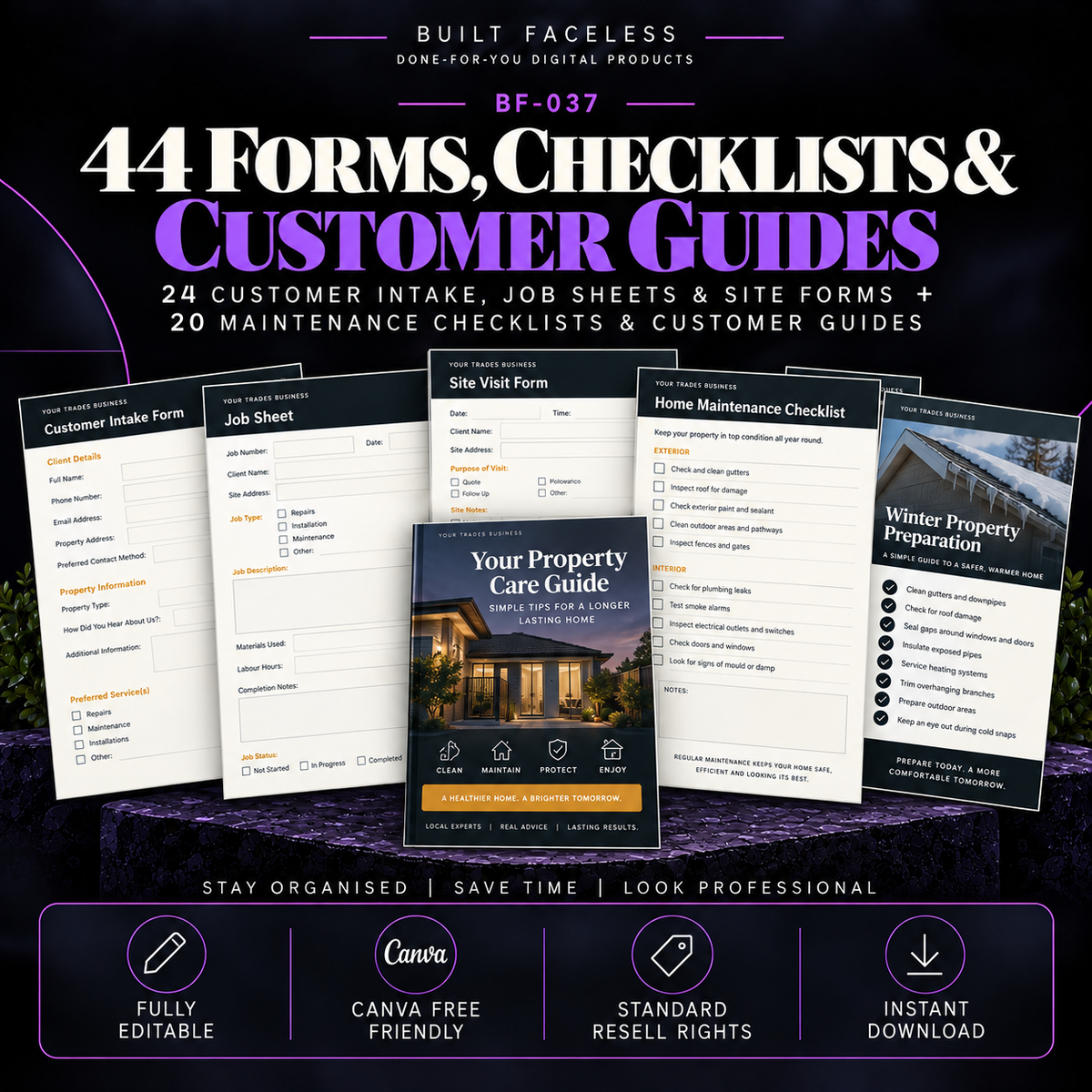 44 editable Canva templates including customer intake forms, job sheets, site forms, maintenance checklists and customer guides for trades businesses.