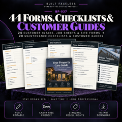 44 editable Canva templates including customer intake forms, job sheets, site forms, maintenance checklists and customer guides for trades businesses.