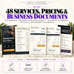 48 editable Canva templates including 24 services, packages and pricing guides plus 24 quotes, estimates, invoices and appointment documents.