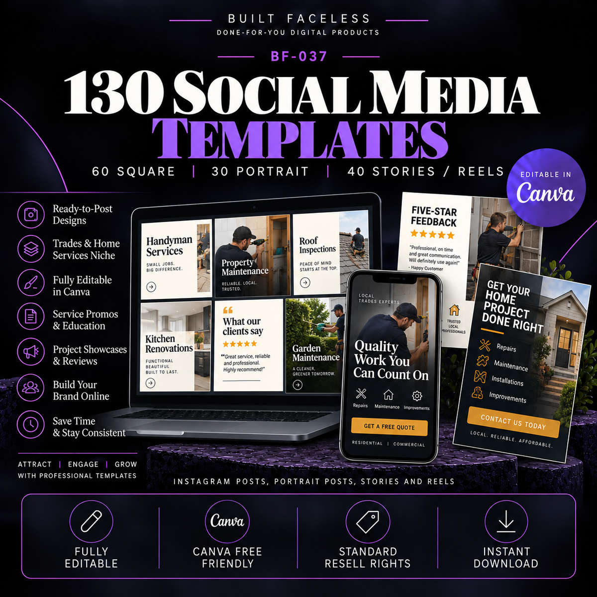 130 editable Canva social media templates for trades and home-service businesses, including 60 square posts, 30 portrait posts and 40 Stories and Reels.