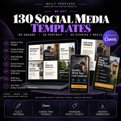 130 editable Canva social media templates for trades and home-service businesses, including 60 square posts, 30 portrait posts and 40 Stories and Reels.