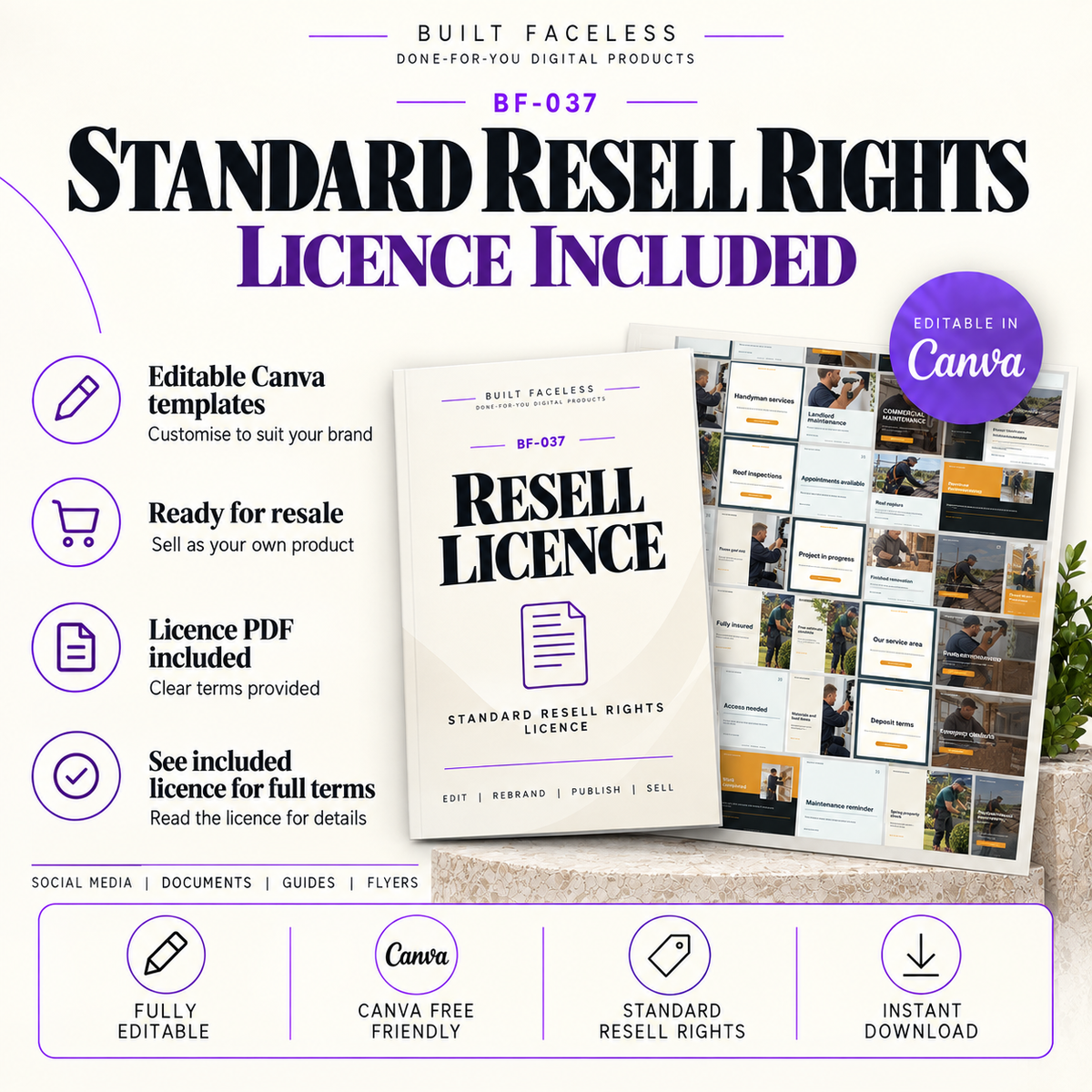 BF-037 Standard Resell Rights licence showing editable Canva templates, resale permission, licence PDF and instant digital delivery