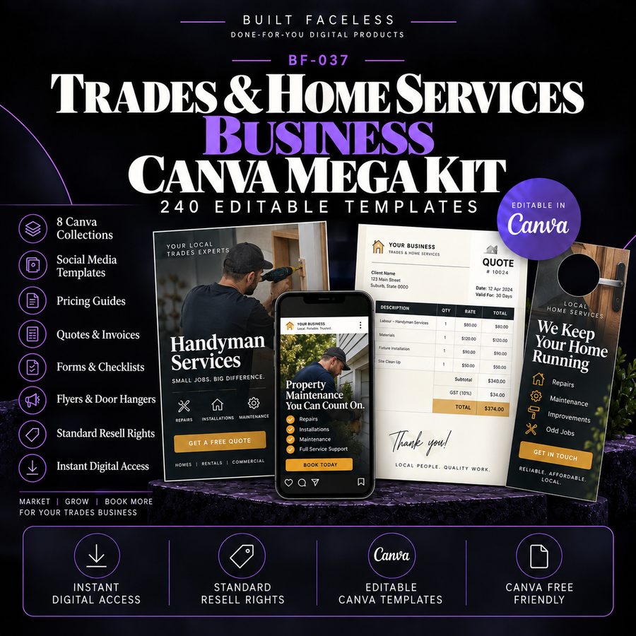 Trades and Home Services Business Canva Mega Kit with 240 editable templates for social media, pricing, quotes, forms, guides, flyers and local service marketing.
