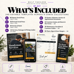 What’s included in BF-037 showing 240 editable Canva templates across 8 collections for social media, pricing, documents, forms, guides and local marketing.