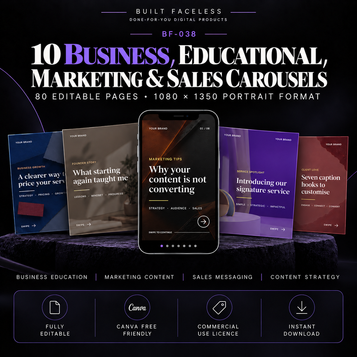 10 complete Instagram carousel sets with 80 editable Canva pages covering business education, marketing content, sales messaging and content strategy.