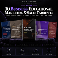 10 complete Instagram carousel sets with 80 editable Canva pages covering business education, marketing content, sales messaging and content strategy.