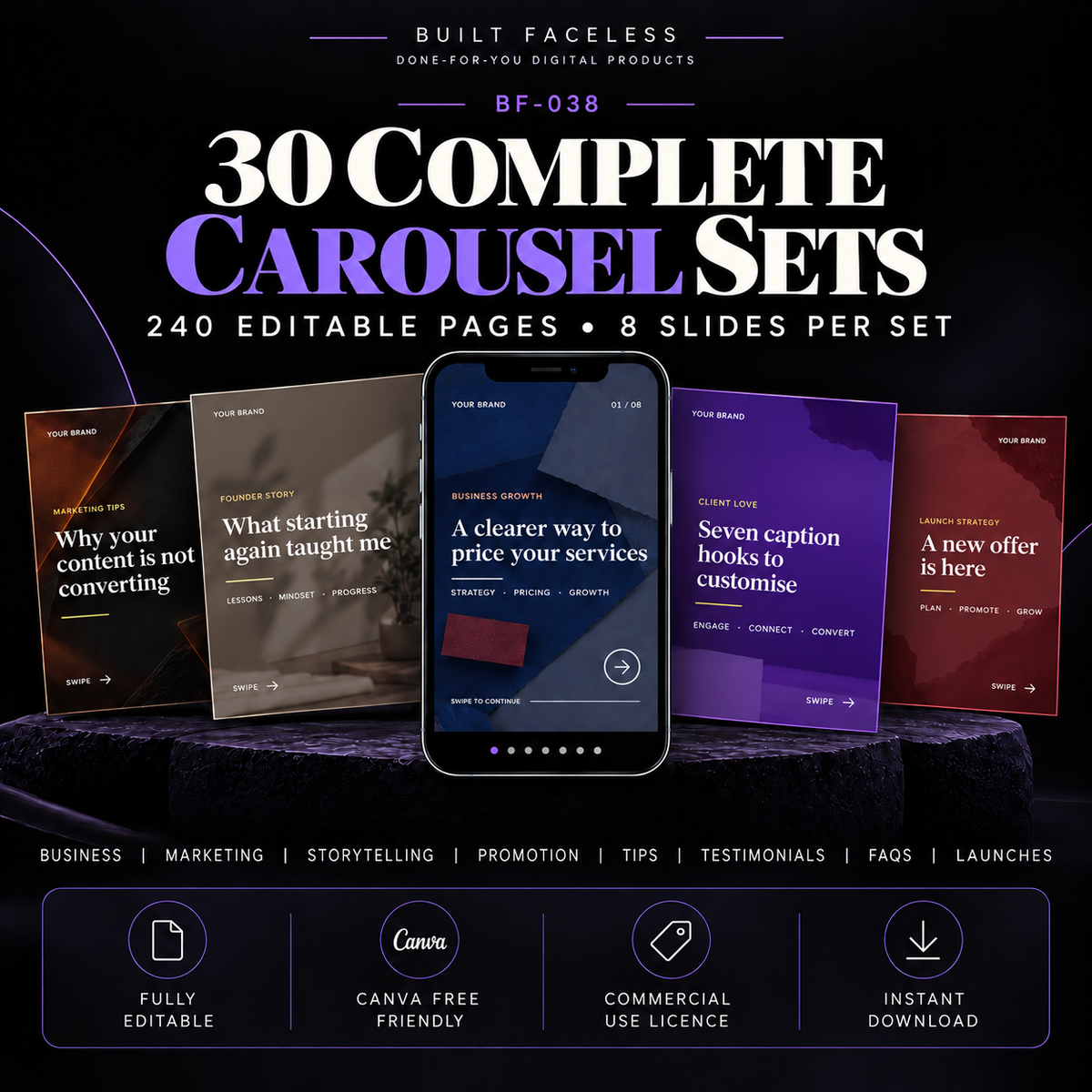 Complete BF-038 Instagram carousel system with 30 carousel sets, 240 editable pages and 8 slides per set in 1080 × 1350 portrait format.