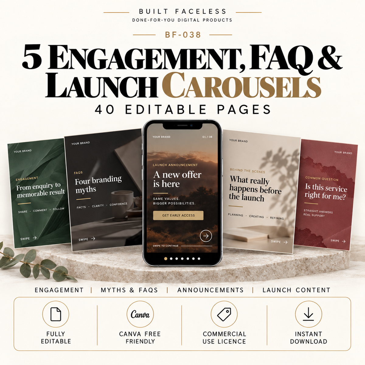 5 complete Instagram carousel sets with 40 editable Canva pages for engagement content, myths, FAQs, announcements and launches.
