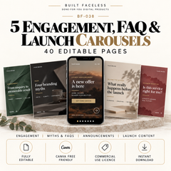 5 complete Instagram carousel sets with 40 editable Canva pages for engagement content, myths, FAQs, announcements and launches.
