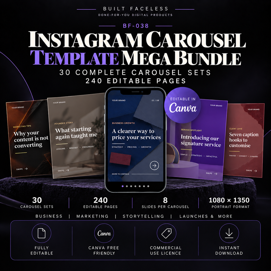 Instagram Carousel Template Mega Bundle with 30 complete carousel sets, 240 editable Canva pages, 8 collections and commercial-use rights.