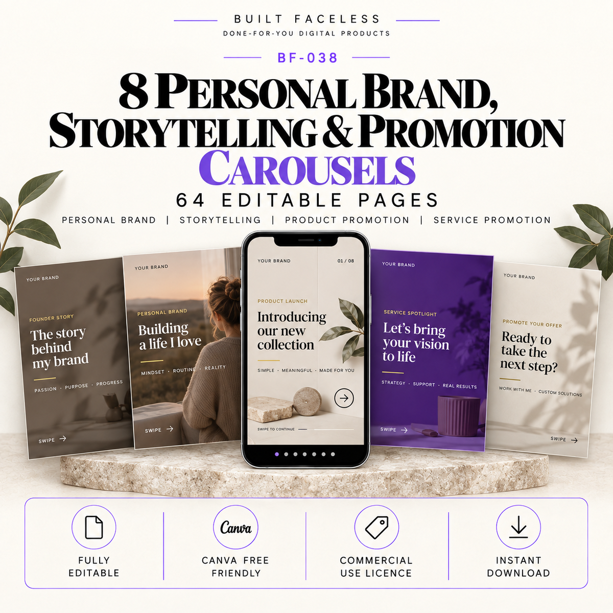 8 complete Instagram carousel sets with 64 editable Canva pages for personal branding, storytelling, product promotion and service promotion.