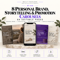 8 complete Instagram carousel sets with 64 editable Canva pages for personal branding, storytelling, product promotion and service promotion.