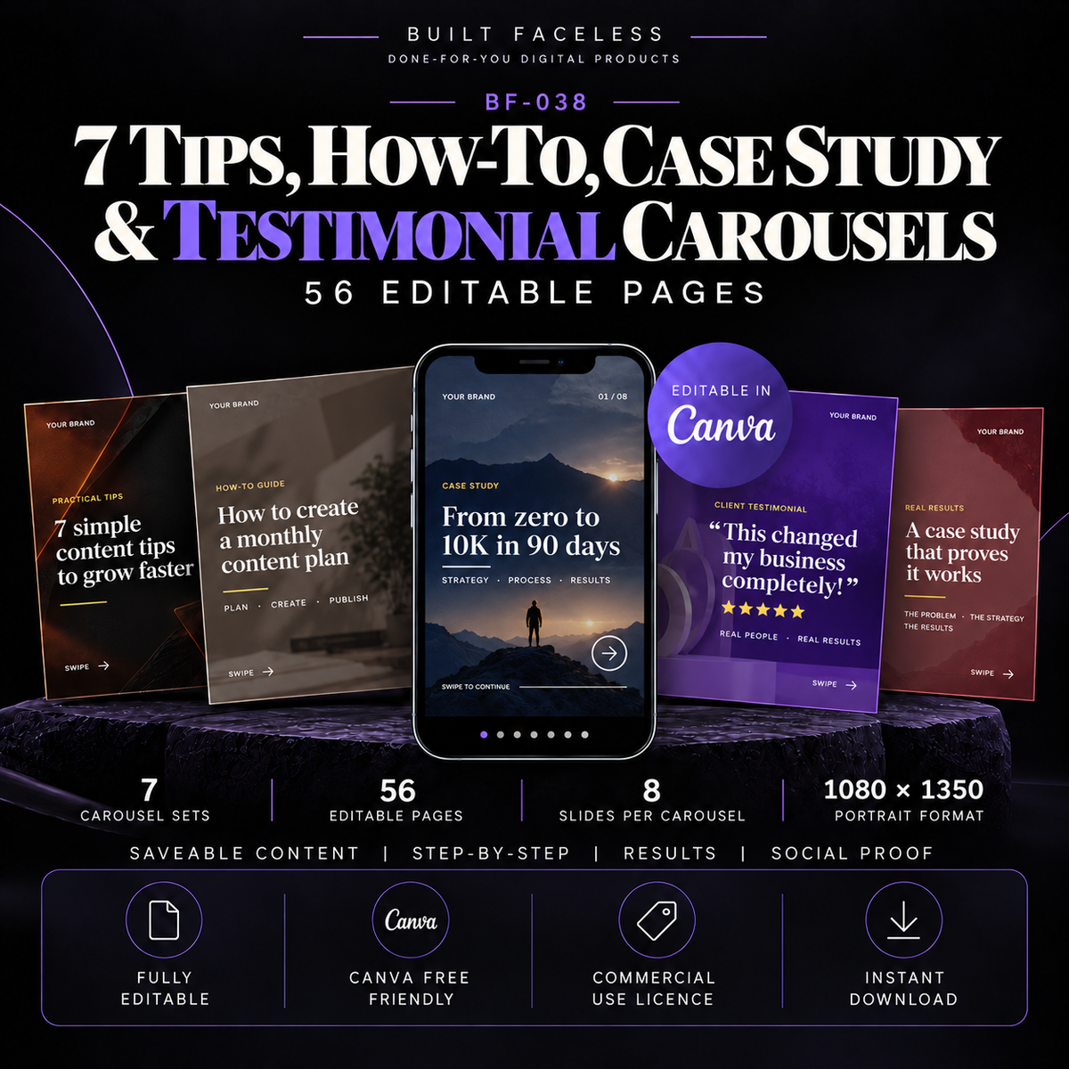 7 complete Instagram carousel sets with 56 editable Canva pages for tips, how-to content, case studies, results and testimonials.