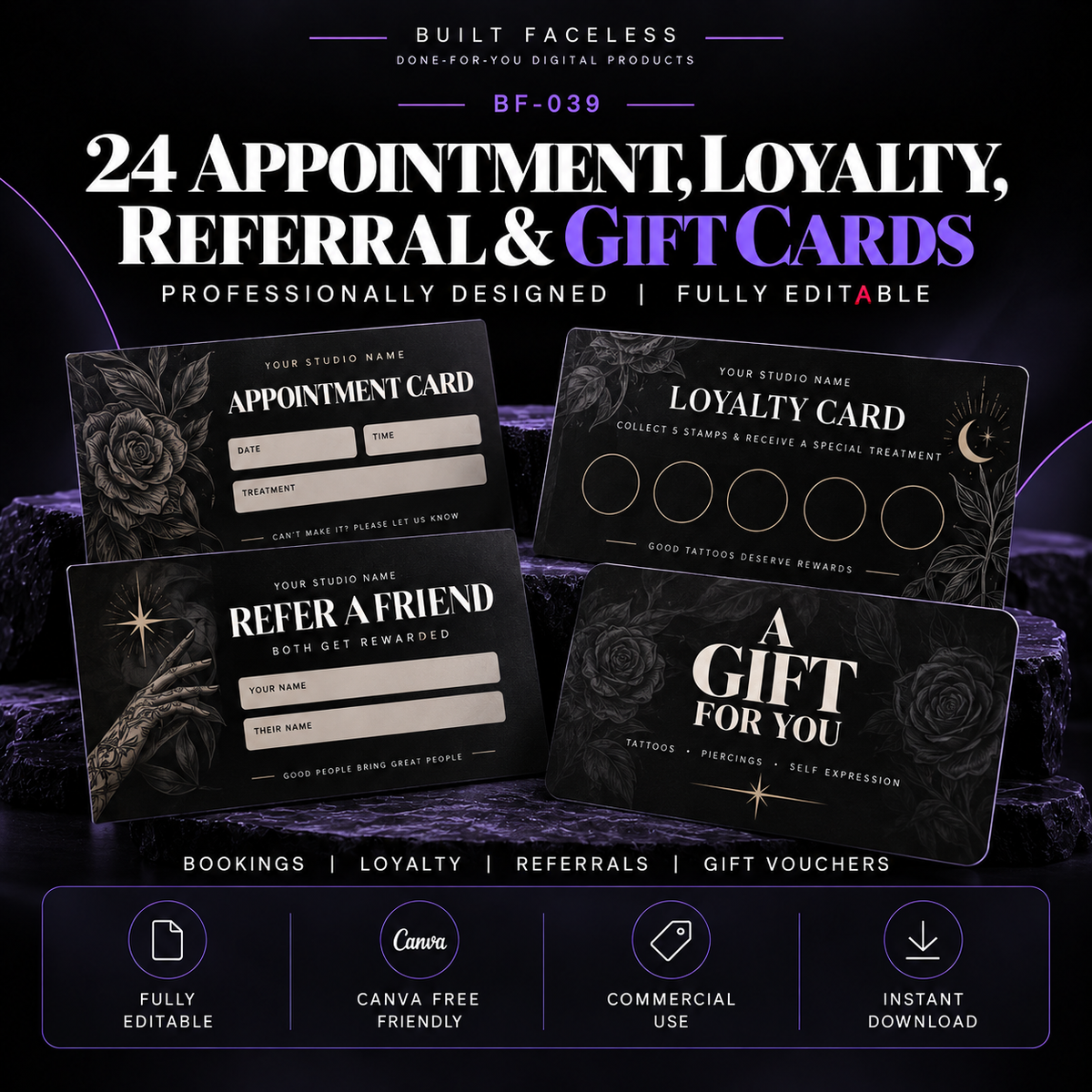 24 editable Canva appointment, loyalty, referral and gift card templates for tattoo and piercing studios.
