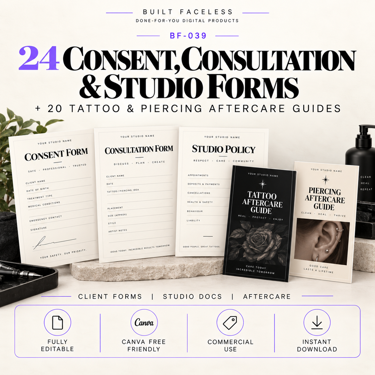24 editable consent, consultation and studio forms plus 20 tattoo and piercing aftercare guide templates for professional studio use.