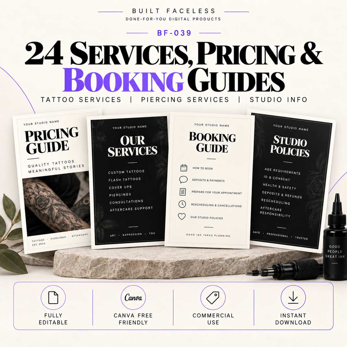 24 editable Canva templates for tattoo and piercing services, pricing guides, booking information and studio policies.