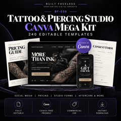 Tattoo and Piercing Studio Canva Mega Kit with 240 editable templates for social media, pricing, studio forms, aftercare guides and promotional materials.