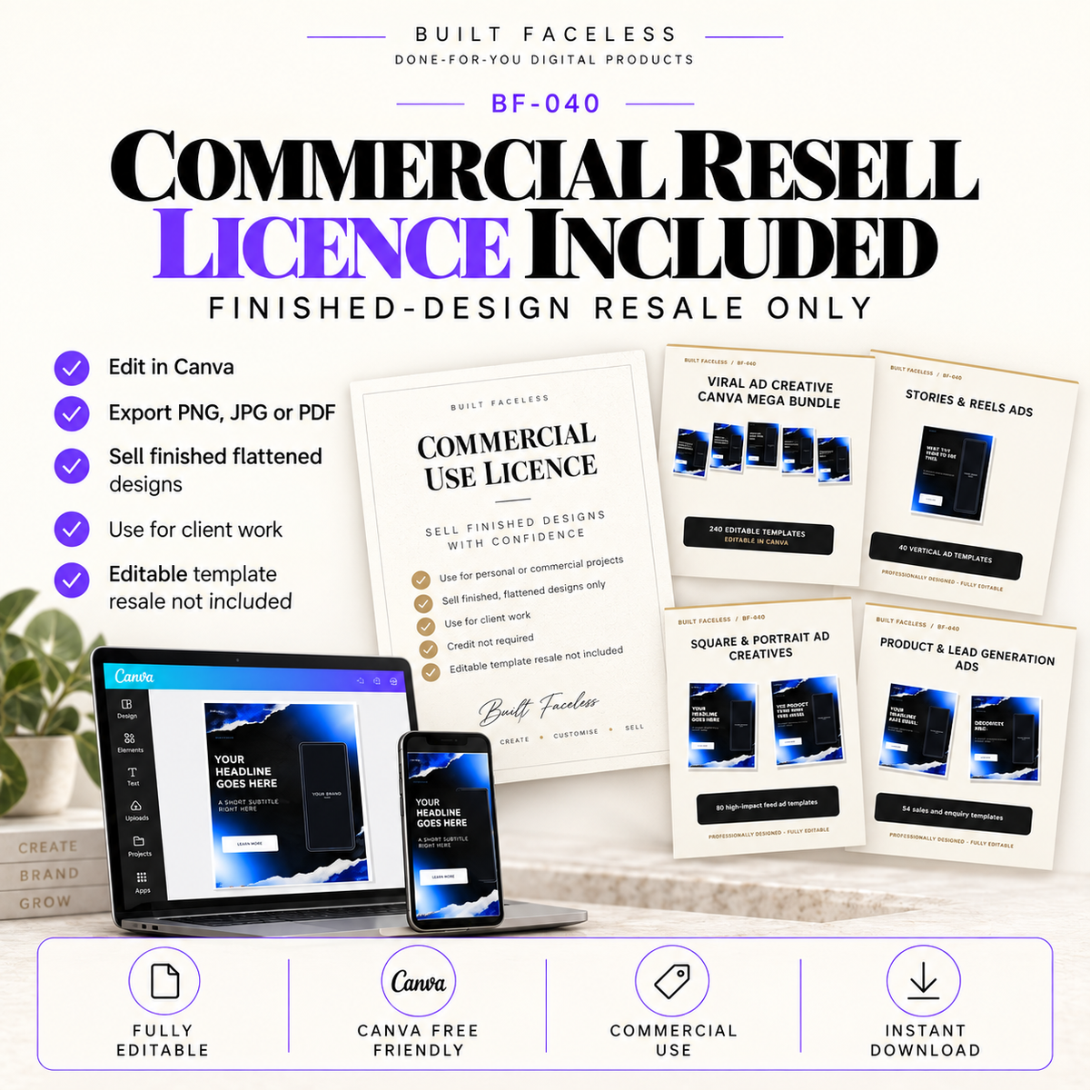 BF-040 Commercial Resell Licence showing Canva editing, client use and finished-design resale rights, with editable template resale excluded.