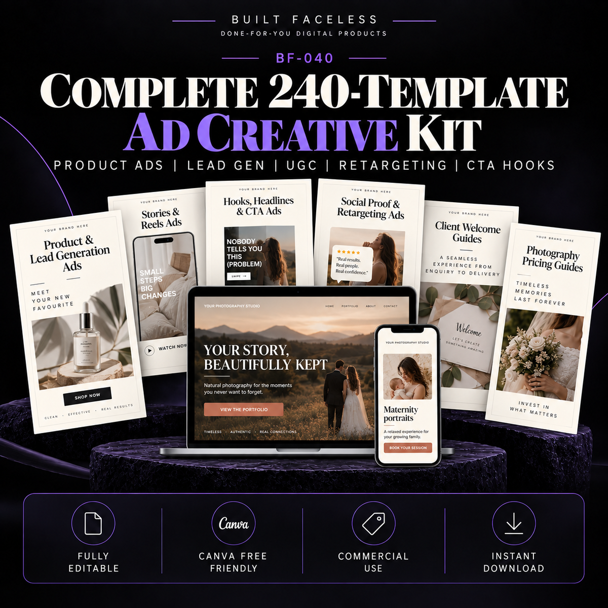 Complete BF-040 ad creative kit with 240 editable Canva templates covering social ads, ecommerce, services, UGC, offers, retargeting and CTA creatives.