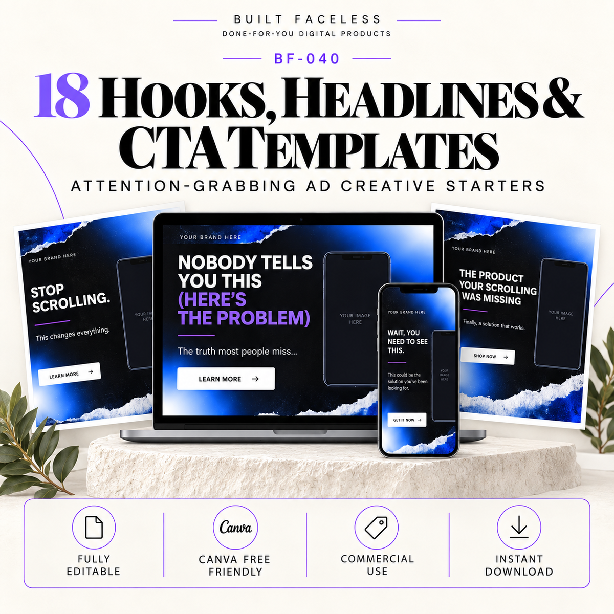 18 editable Canva templates for advertising hooks, headlines and calls to action designed for promotional and conversion-focused campaigns.