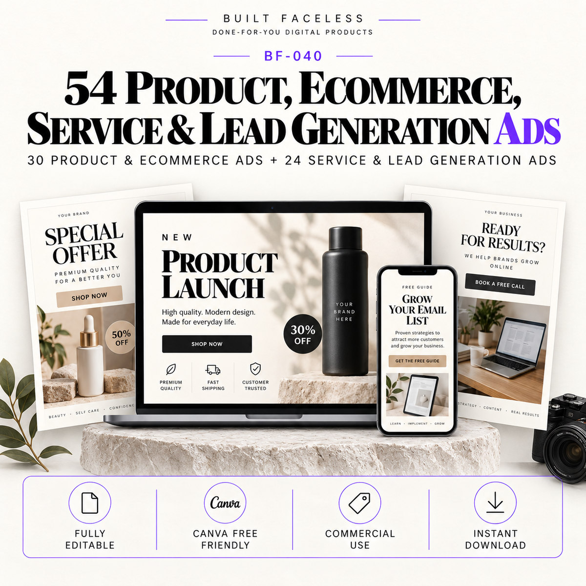 54 editable Canva ad templates including 30 product and ecommerce ads plus 24 service and lead generation ads.