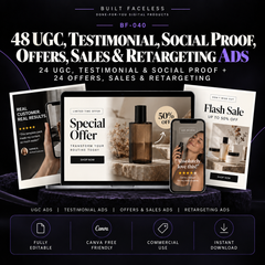 48 editable Canva ad templates for UGC, testimonials, social proof, offers, sales and retargeting campaigns.