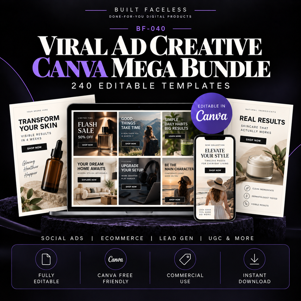 Viral Ad Creative Canva Mega Bundle with 240 editable ad templates for products, services, offers, UGC, lead generation and retargeting campaigns.