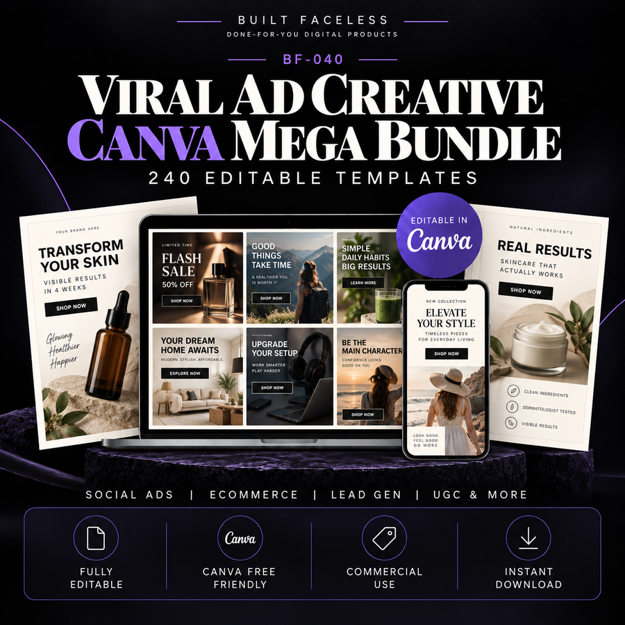 Viral Ad Creative Canva Mega Bundle with 240 editable ad templates for products, services, offers, UGC, lead generation and retargeting campaigns.