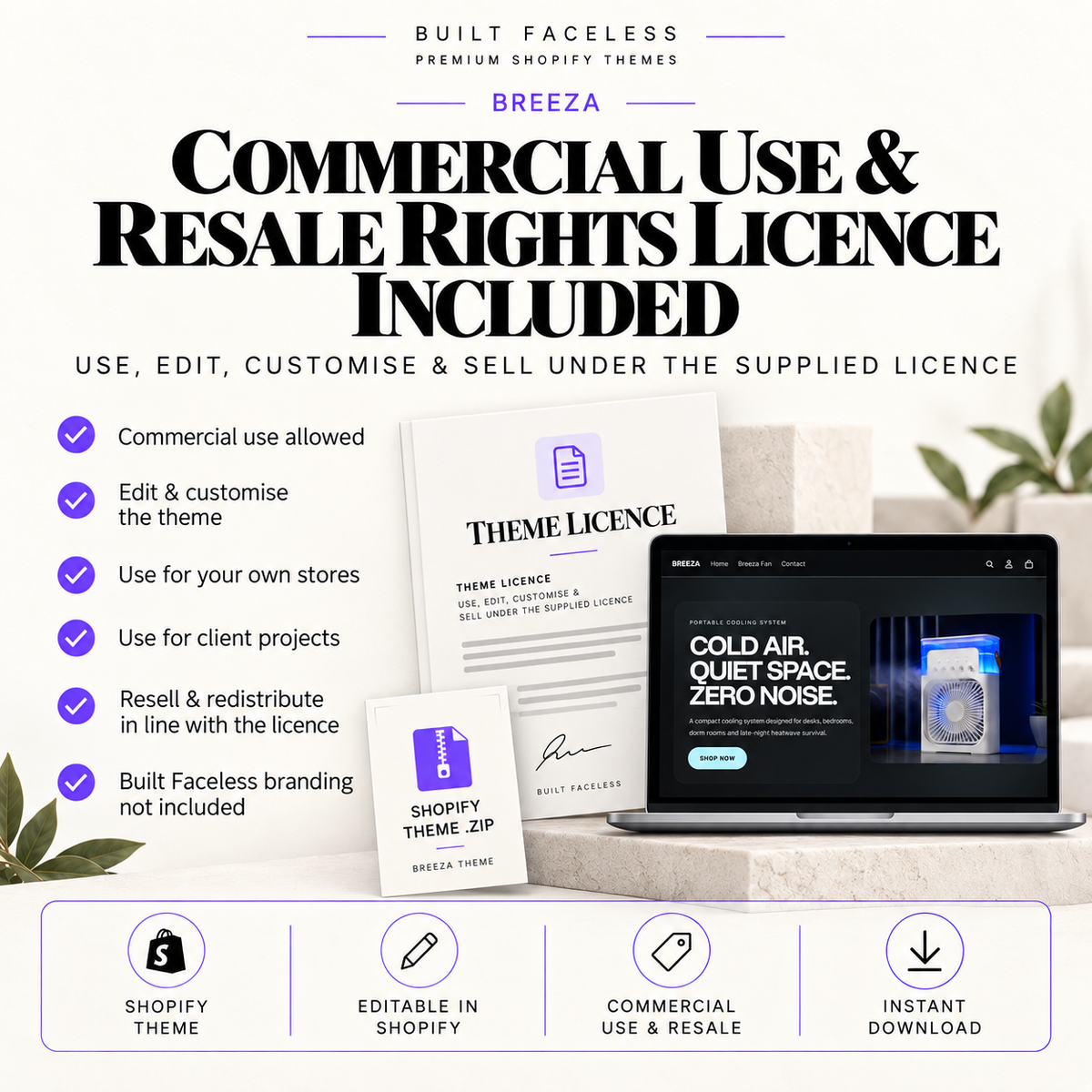 BREEZA Shopify theme package with commercial use and resale rights, theme ZIP and Built Faceless licence included for editing, customising and resale.