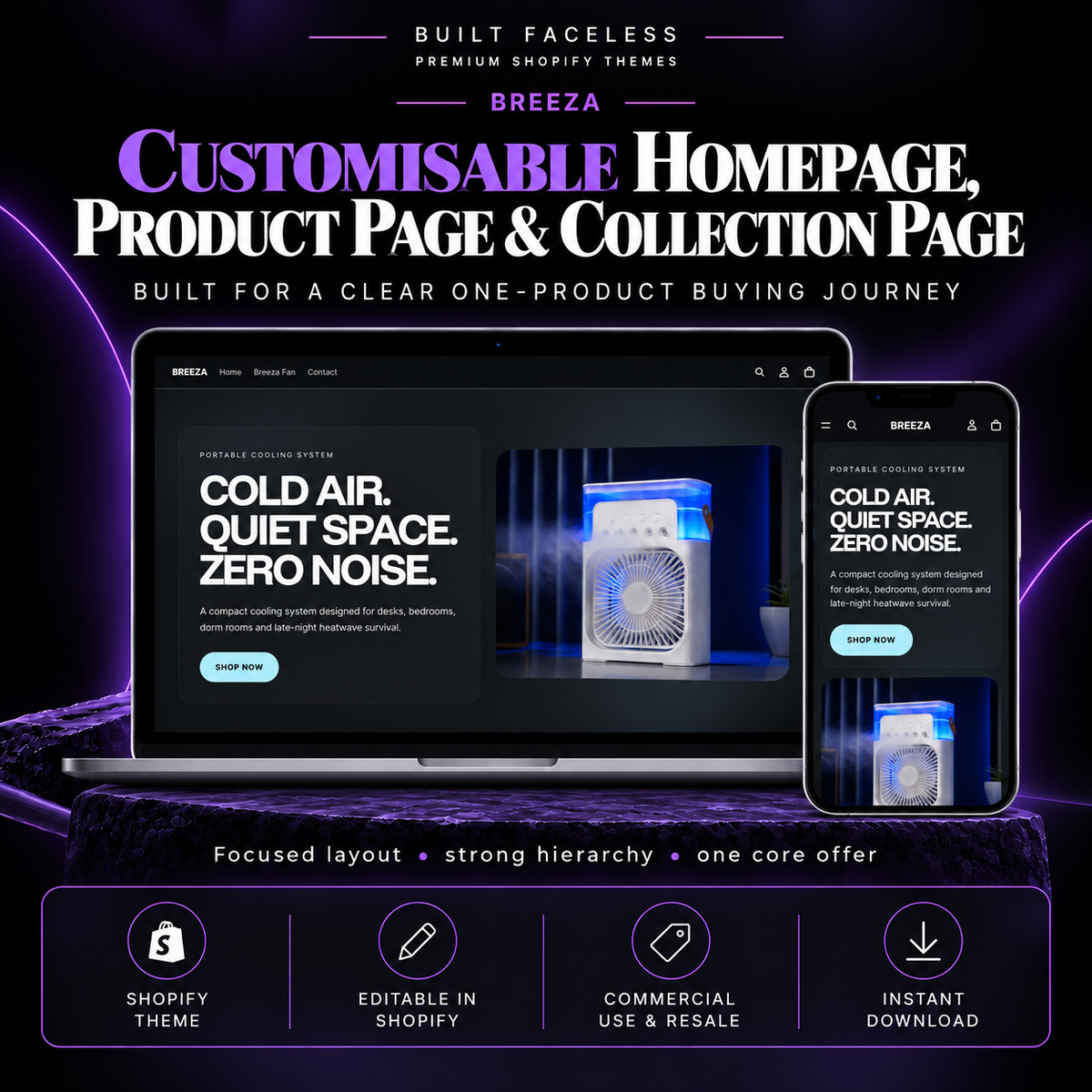 BREEZA Shopify theme showing customisable homepage, product page and collection page layouts for a clear one-product buying journey.