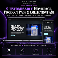 BREEZA Shopify theme showing customisable homepage, product page and collection page layouts for a clear one-product buying journey.